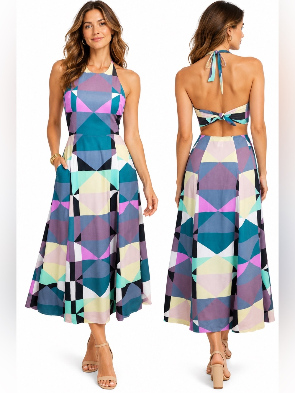 Mara Hoffman Tie Back Cut Out Midi Dress Diamonds Plum 0 Geometric Halter Chic